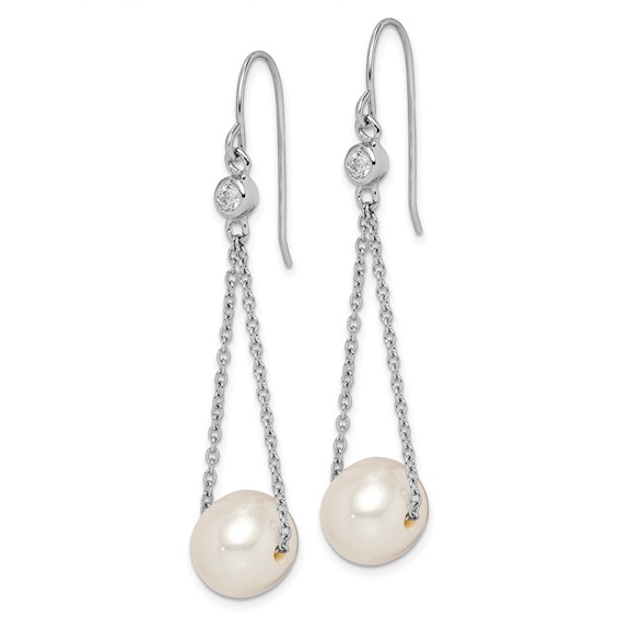 Sterling Silver Rhodium-plated 9-10mm White Semi-Round Freshwater Cultured Pearl and CZ Dangle Earrings