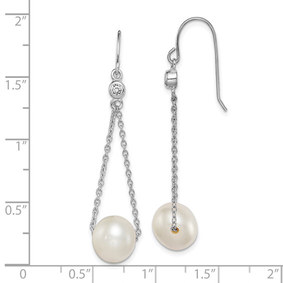 Sterling Silver Rhodium-plated 9-10mm White Semi-Round Freshwater Cultured Pearl and CZ Dangle Earrings