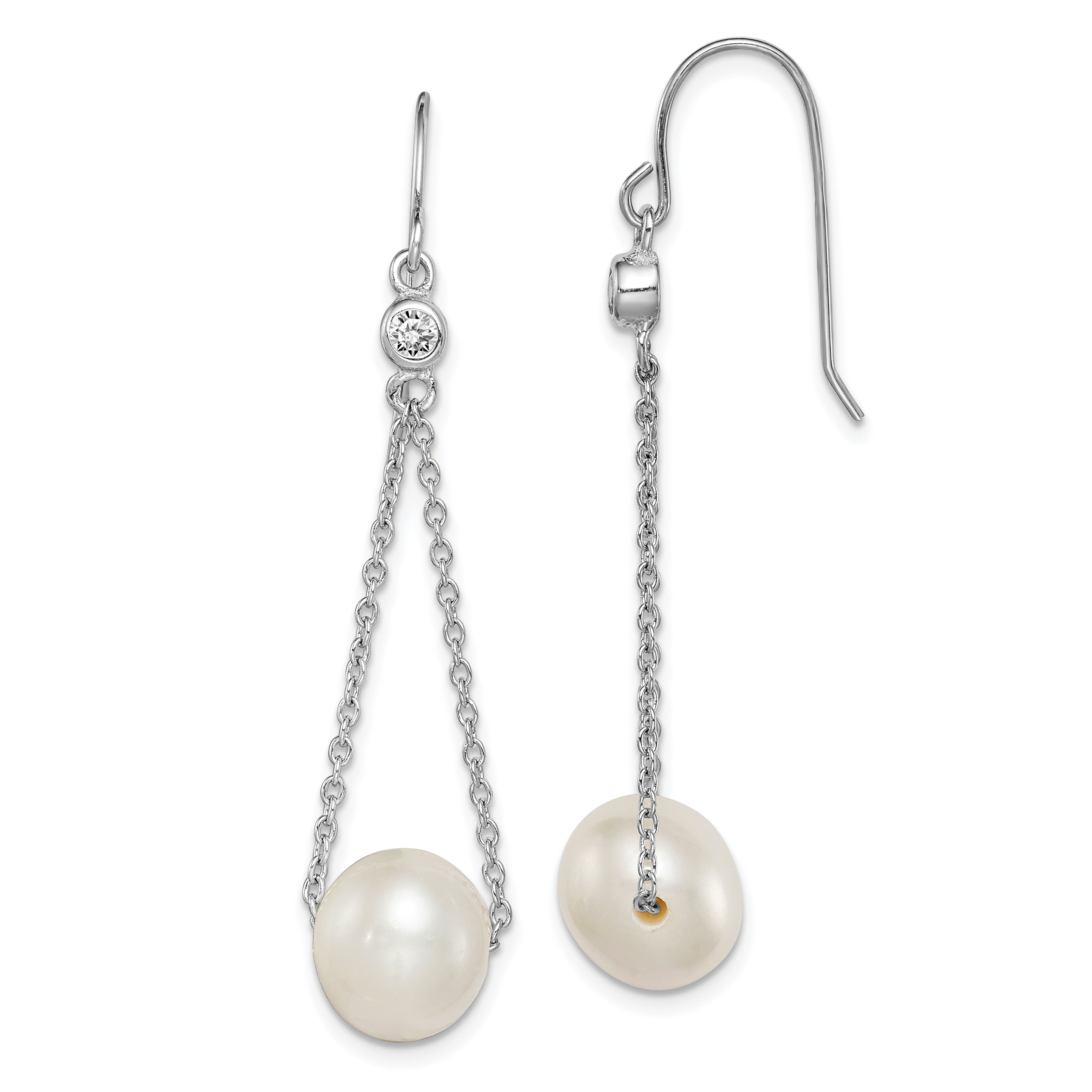 Sterling Silver Rhodium-plated 9-10mm White Semi-Round Freshwater Cultured Pearl and CZ Dangle Earrings (QE15293)