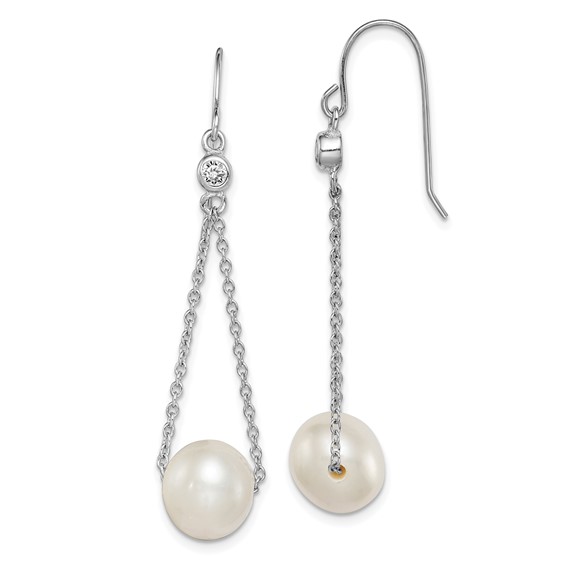 Sterling Silver Rhodium-plated 9-10mm White Semi-Round Freshwater Cultured Pearl and CZ Dangle Earrings