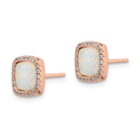 Sterling Silver Rose-Tone Created Opal & CZ Square Halo Post Earrings view 2