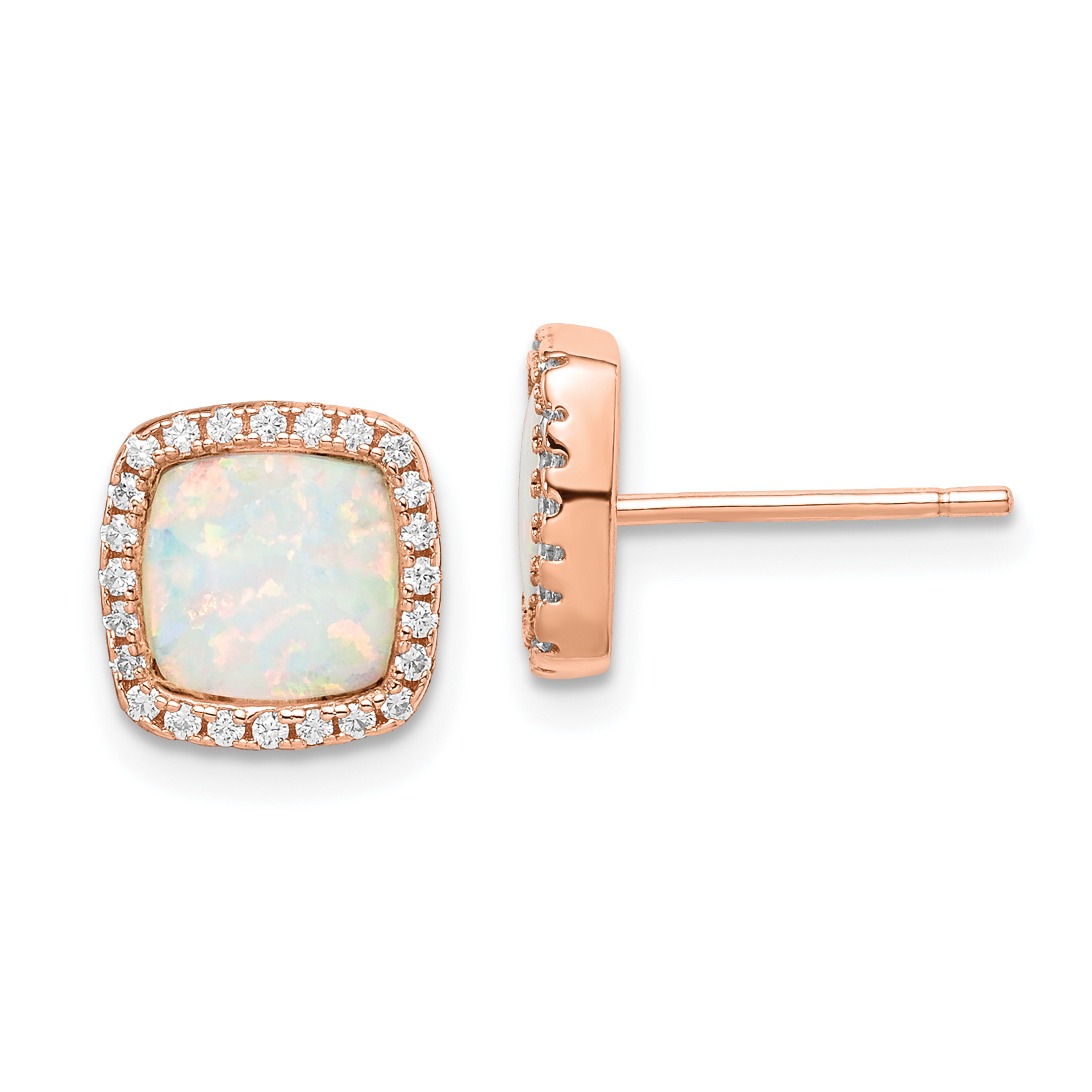 Sterling Silver Rose-Tone Created Opal & CZ Square Halo Post Earrings (QE15295)
