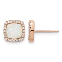 Sterling Silver Rose-Tone Created Opal & CZ Square Halo Post Earrings view 1