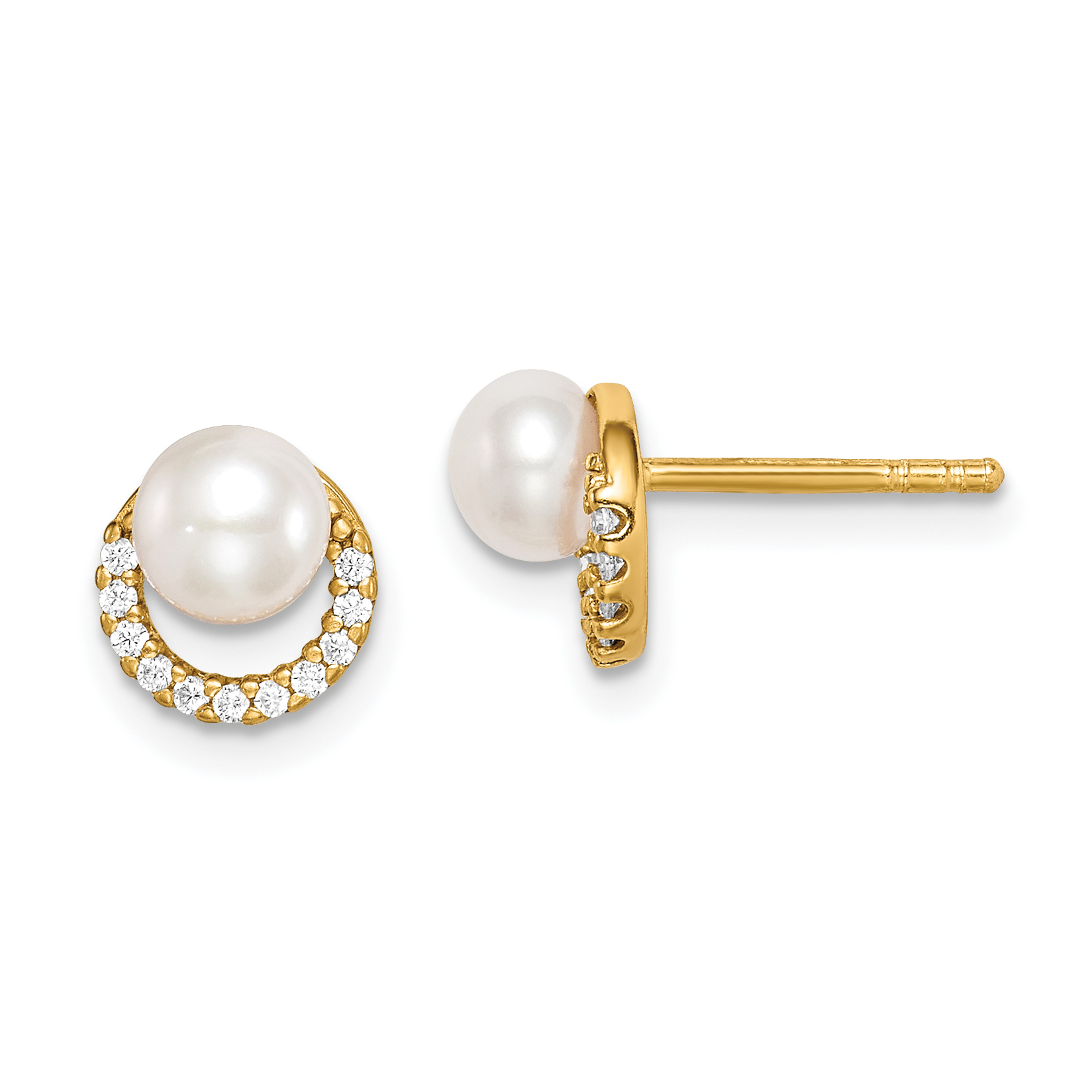 Sterling Silver Gold-tone w/ FW Cultured Pearl and CZ Earrings (QE15296)