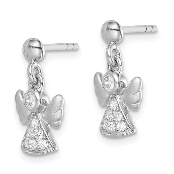Sterling Silver RH-plated Polished/Satin CZ Angel Post Dangle Earrings