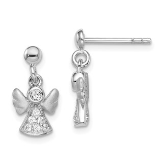 Sterling Silver RH-plated Polished/Satin CZ Angel Post Dangle Earrings