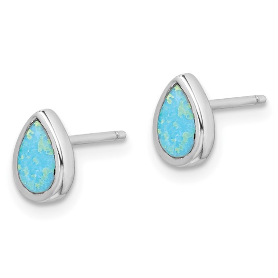Sterling Silver RH-pltd Polished Blue Created Opal Teardrop Stud Earrings