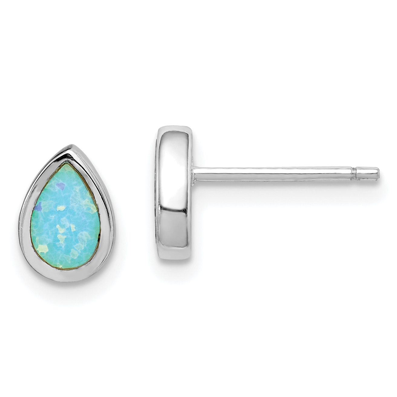 Sterling Silver RH-pltd Polished Blue Created Opal Teardrop Stud Earrings (QE15303)