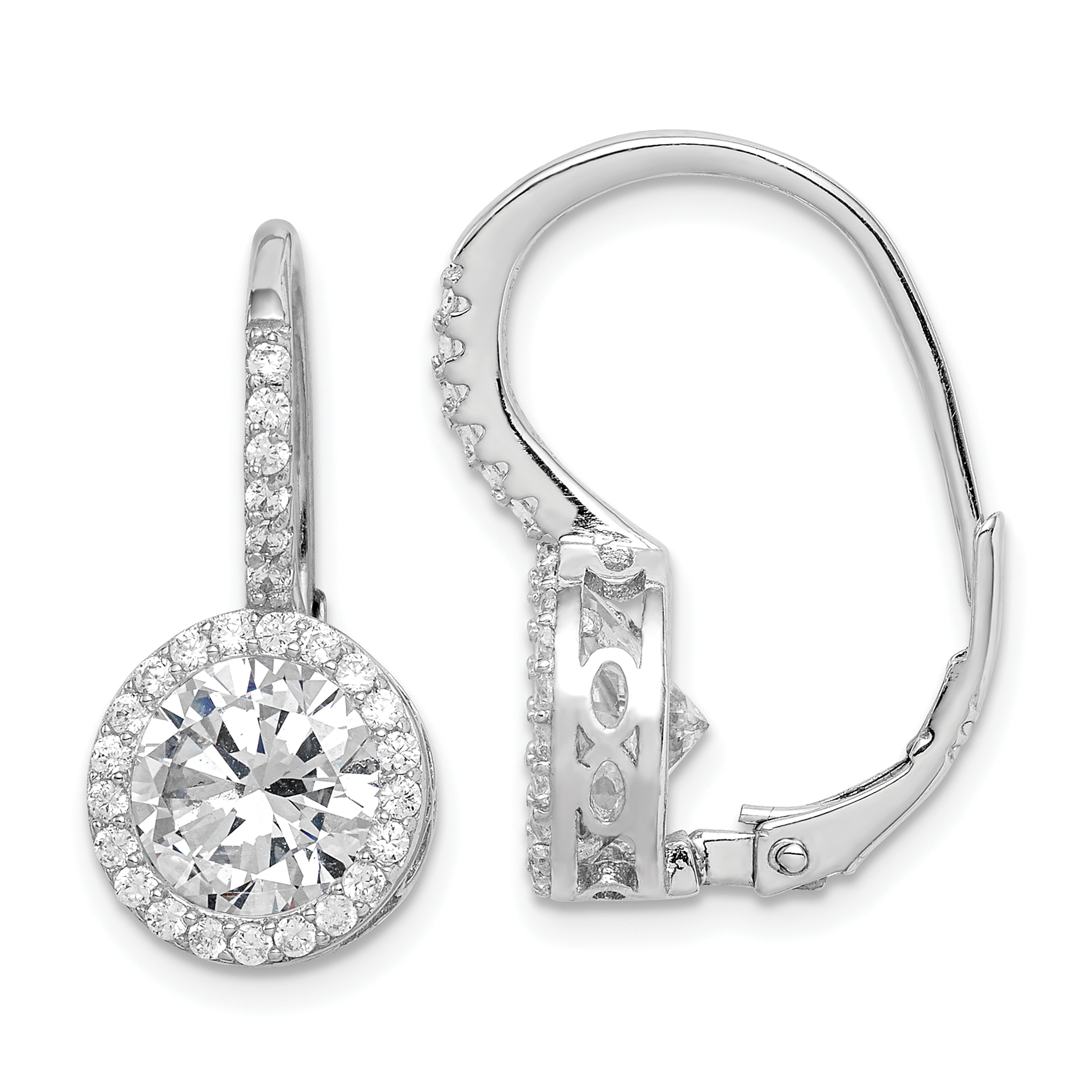 Sterling Silver Rhodium-plated Polished Round CZ Halo Leverback Earrings (QE15306)
