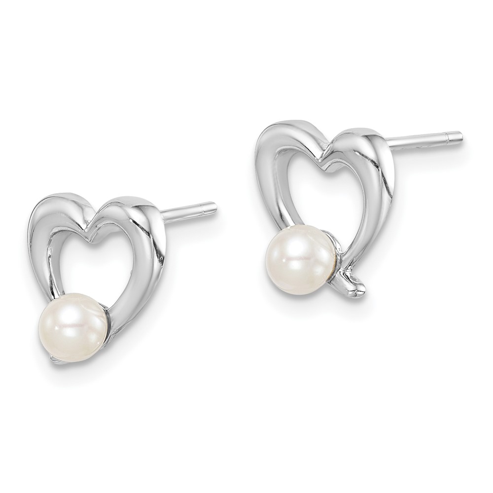 Sterling Silver Rhodium-plated 3-4mm White Round Freshwater Cultured Pearl Heart Post Earrings (QE15308)