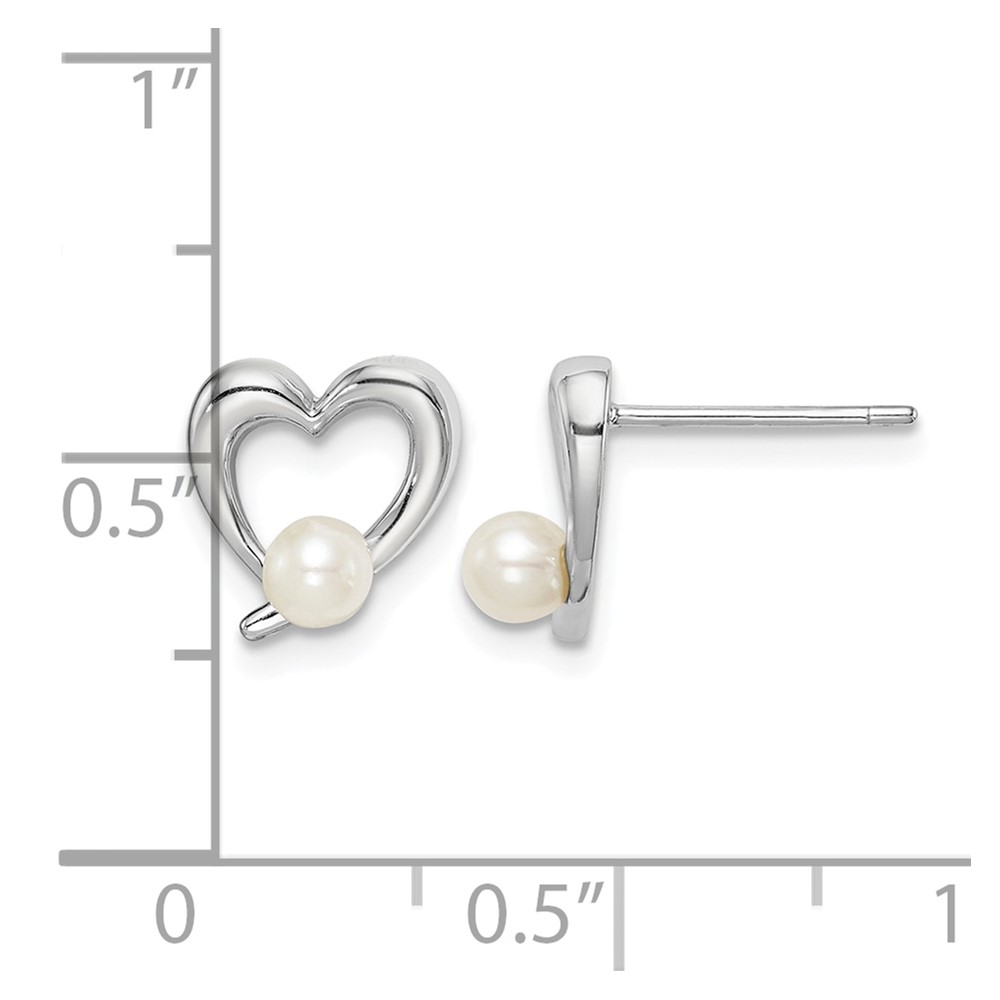 Sterling Silver Rhodium-plated 3-4mm White Round Freshwater Cultured Pearl Heart Post Earrings (QE15308)