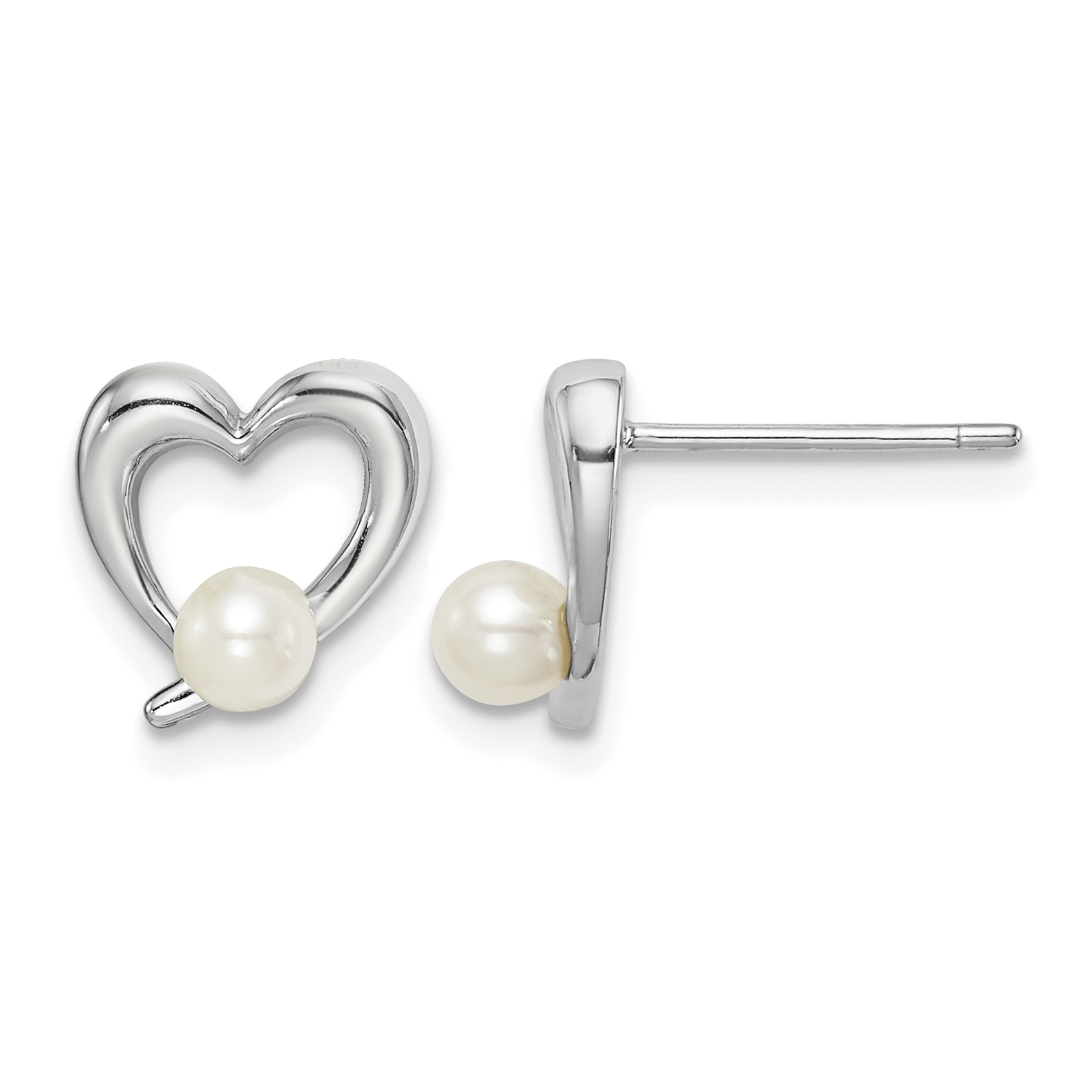 Sterling Silver Rhodium-plated 3-4mm White Round Freshwater Cultured Pearl Heart Post Earrings (QE15308)