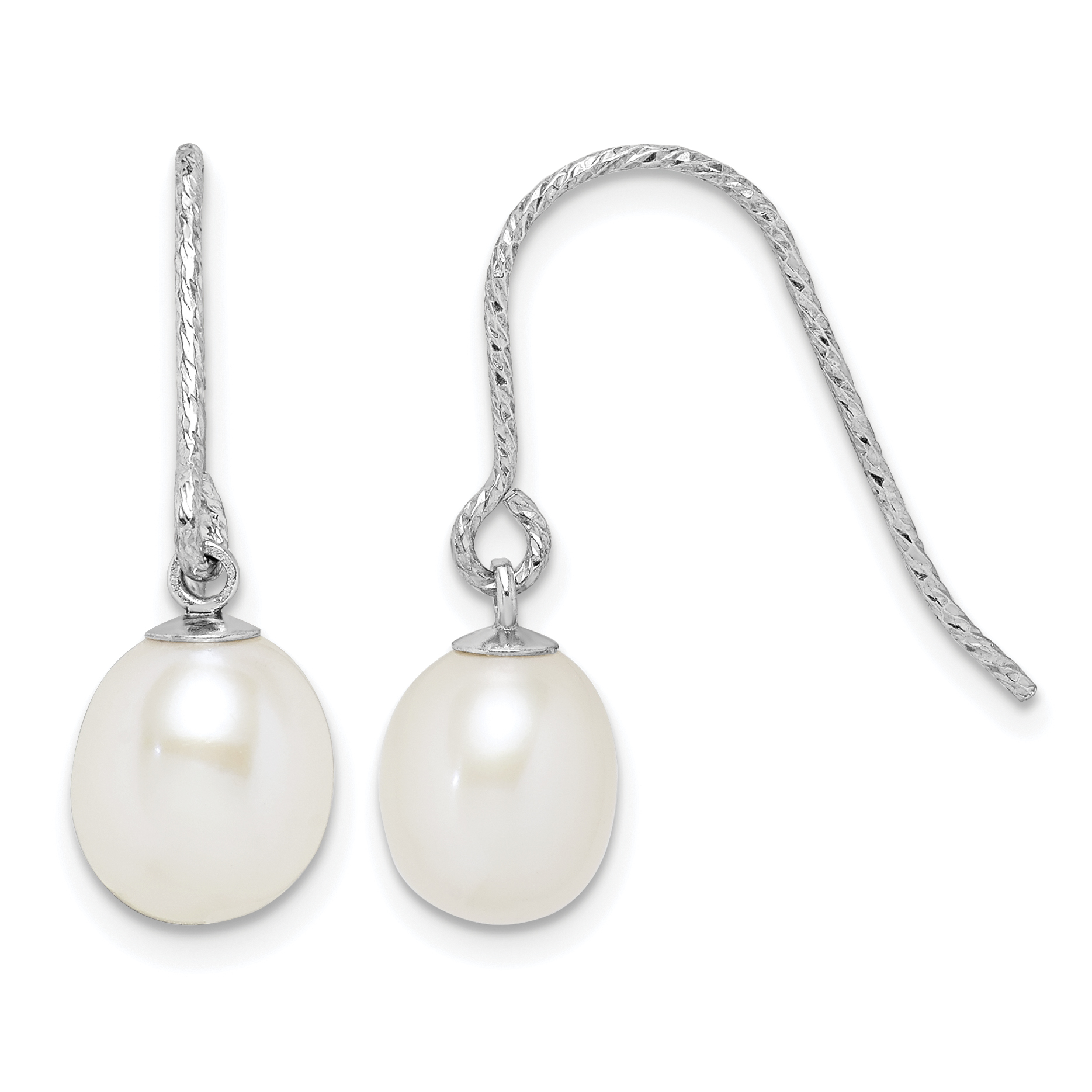 Sterling Silver Rhodium-plated Diamond-cut 6-7mm White Teardrop Freshwater Cultured Pearl Dangle Earrings (QE15309)