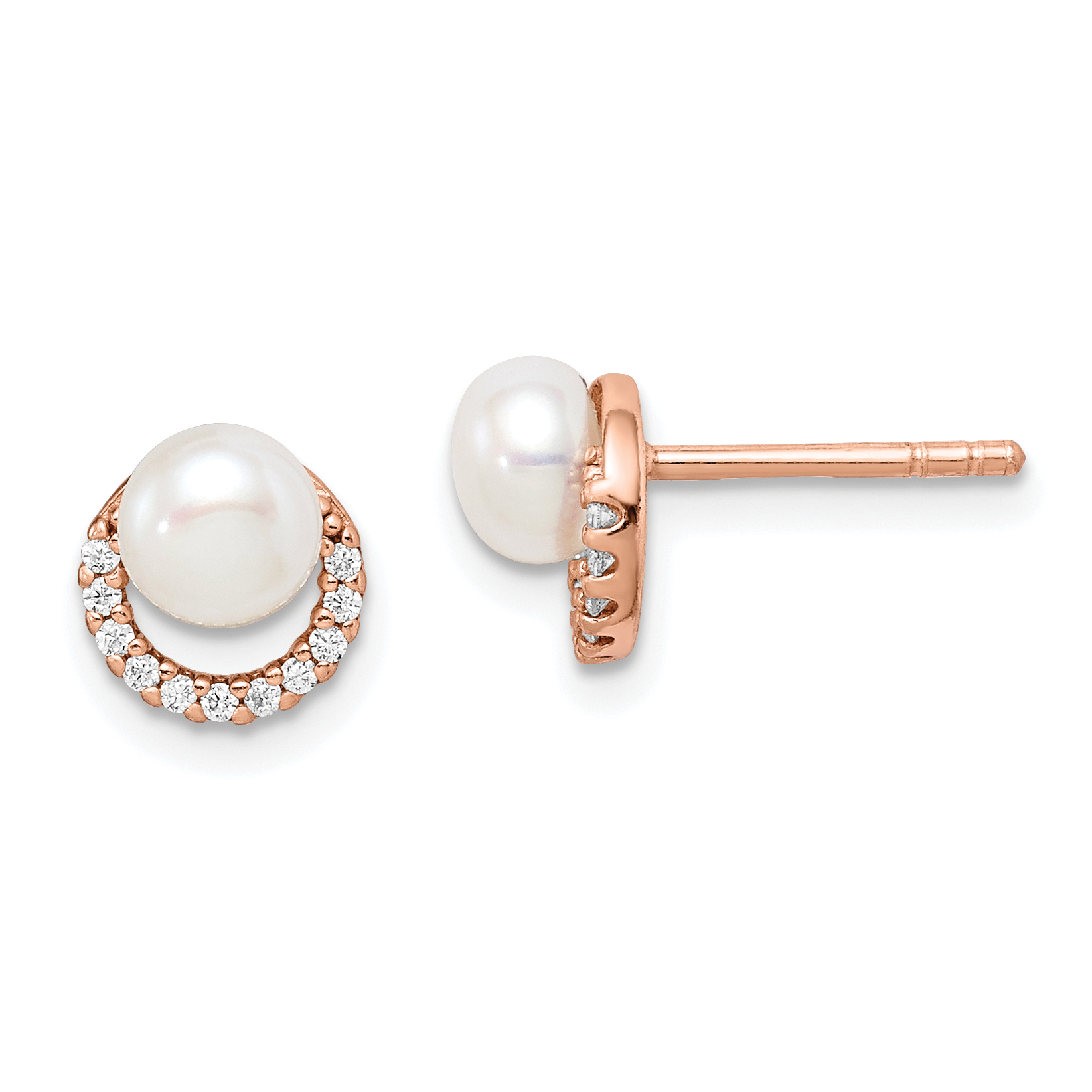 Sterling Silver Rose-tone w/ FW Cultured Pearl and CZ Earrings (QE15311)