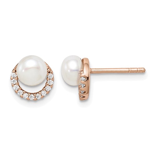 Sterling Silver Rose-tone Earrings with FW Cultured Pearl and CZ