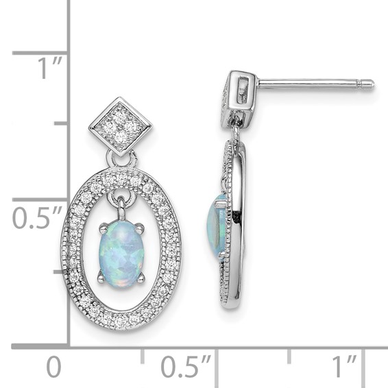 Sterling Silver Rhodium-plated Created Opal & CZ Post Dangle Earrings