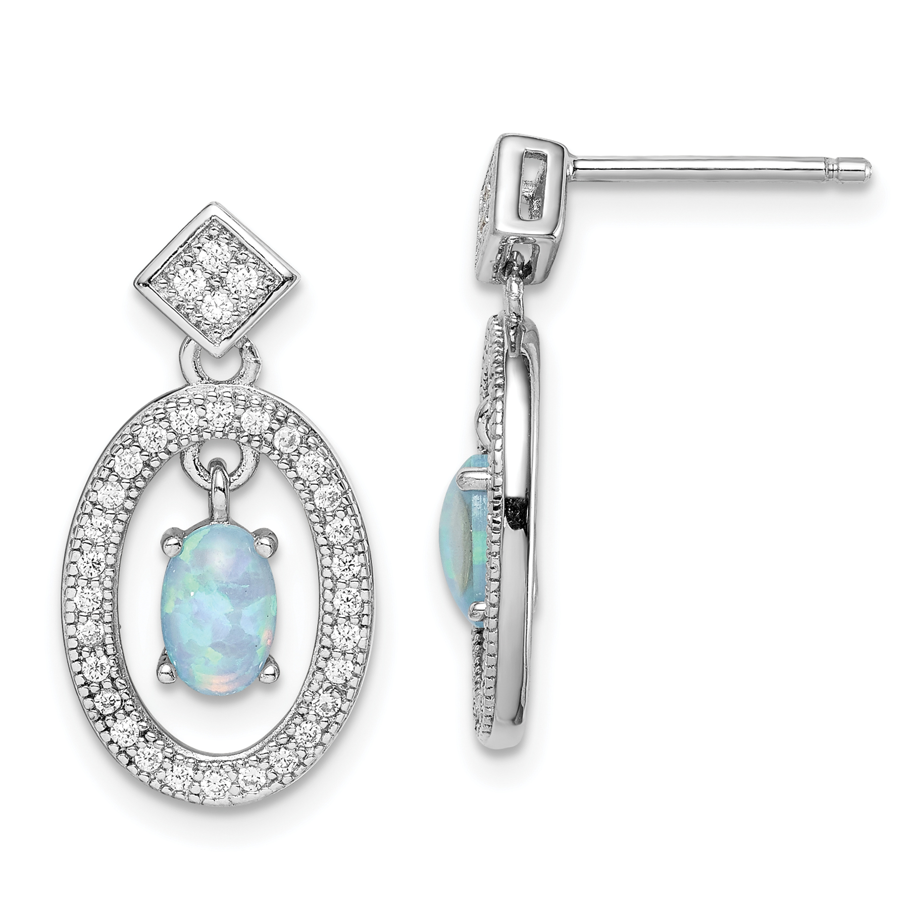 Sterling Silver Rhodium-plated Created Opal & CZ Post Dangle Earrings (QE15320)