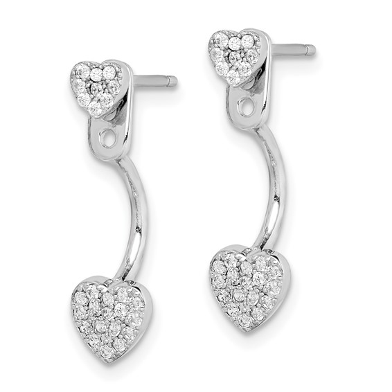 Sterling Silver Rhodium-plated CZ Heart Jackets w/Heart Post Earrings