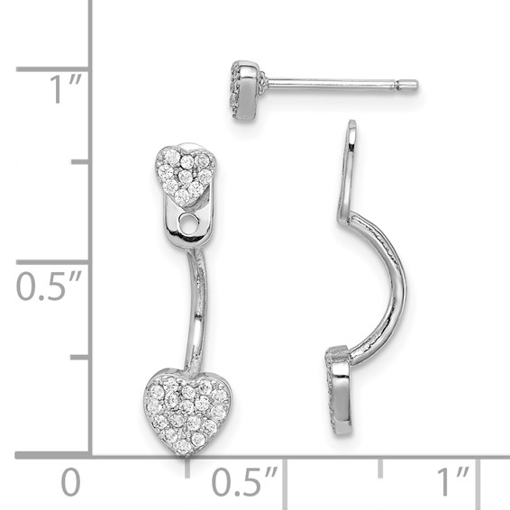 Sterling Silver Rhodium-plated CZ Heart Jackets w/Heart Post Earrings