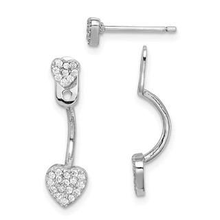 Sterling Silver Rhodium-plated CZ Heart Jackets w/Heart Post Earrings