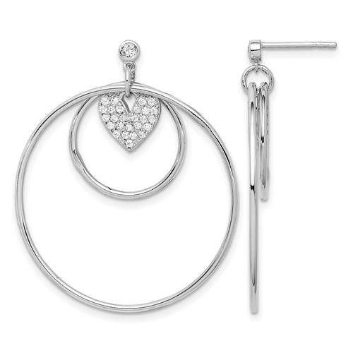 Sterling Silver RH-plated Double Circle Earrings with CZ Heart Post