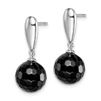 Sterling Silver Rhodium-plated Faceted 10mm Onyx Post Dangle Earrings view 2