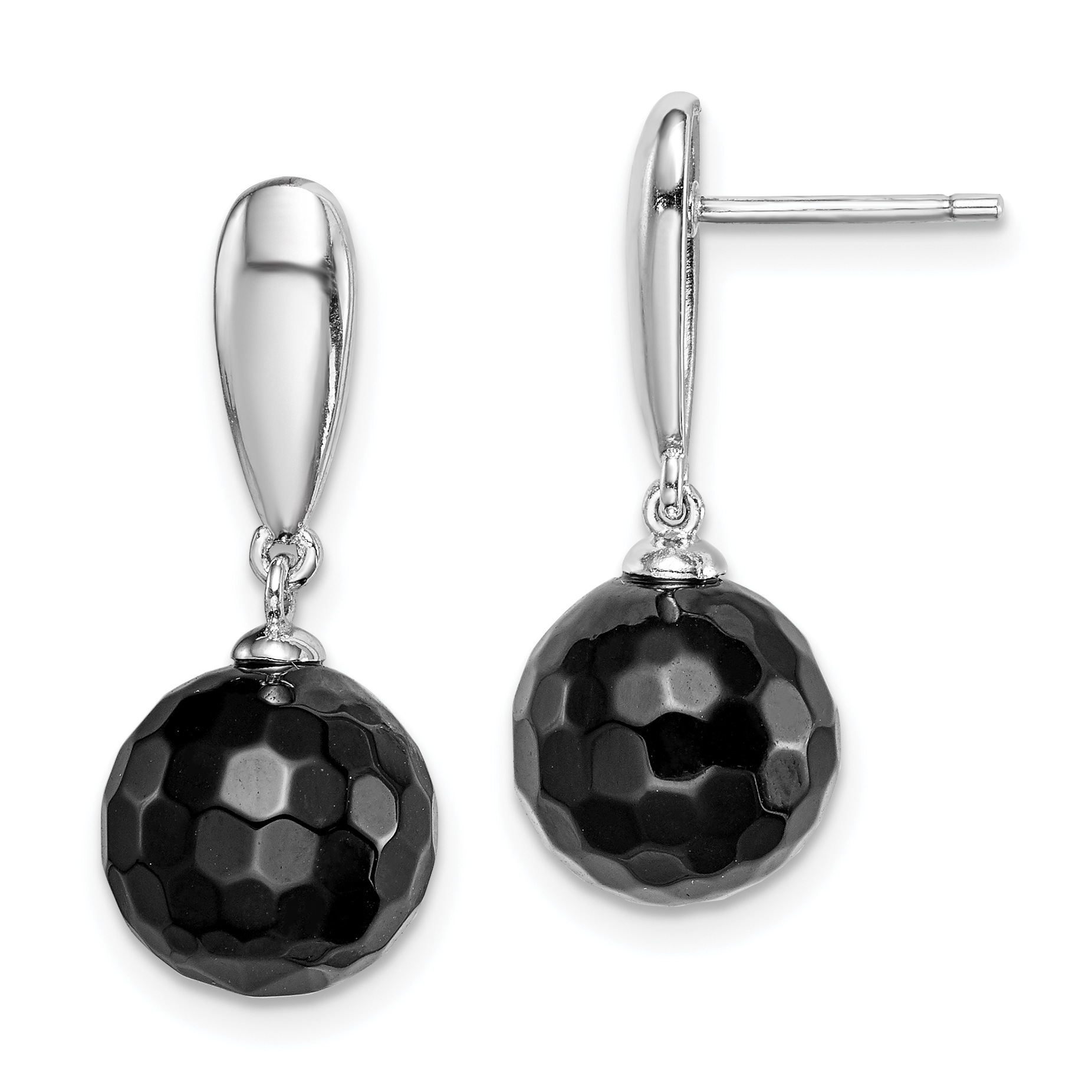Sterling Silver Rhodium-plated Faceted 10mm Onyx Post Dangle Earrings (QE15326)