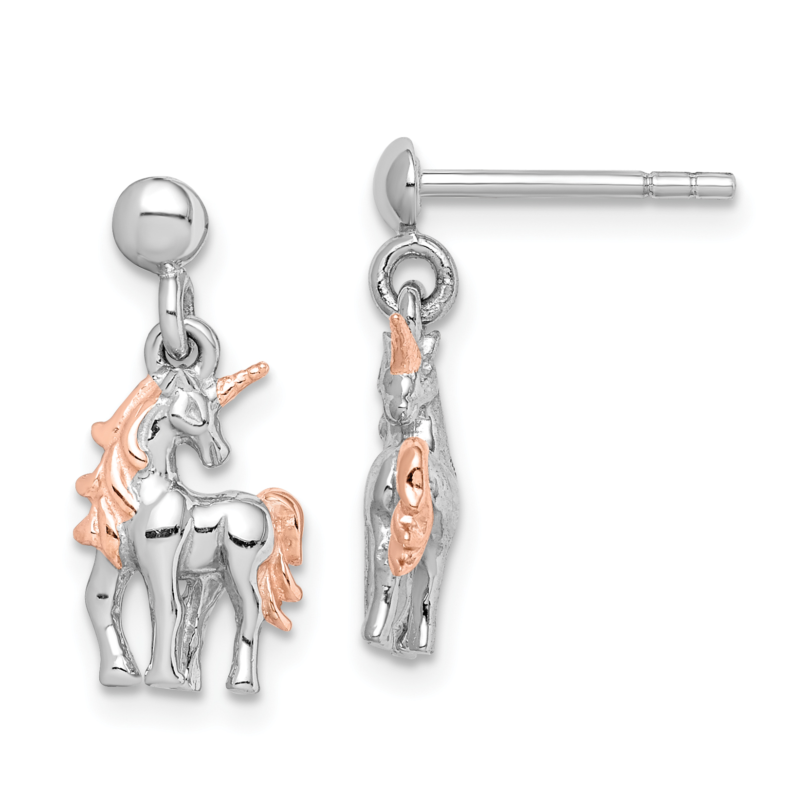 Sterling Silver Rhodium-plated Rose Gold-plated Unicorn Post Earrings (QE15332)