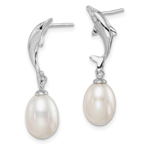 Sterling Silver Rhodium-plated 7-8mm White Rice Freshwater Cultured Pearl Dolphin Post Dangle Earrings
