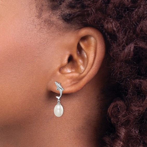 Sterling Silver Rhodium-plated 7-8mm White Rice Freshwater Cultured Pearl Dolphin Post Dangle Earrings