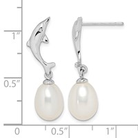 Sterling Silver Rhodium-plated 7-8mm White Rice Freshwater Cultured Pearl Dolphin Post Dangle Earrings view 4