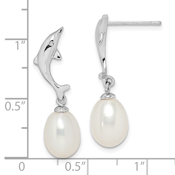 Sterling Silver Rhodium-plated 7-8mm White Rice Freshwater Cultured Pearl Dolphin Post Dangle Earrings