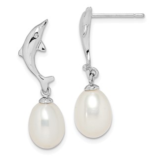 Sterling Silver Rhodium-plated 7-8mm White Rice Freshwater Cultured Pearl Dolphin Post Dangle Earrings