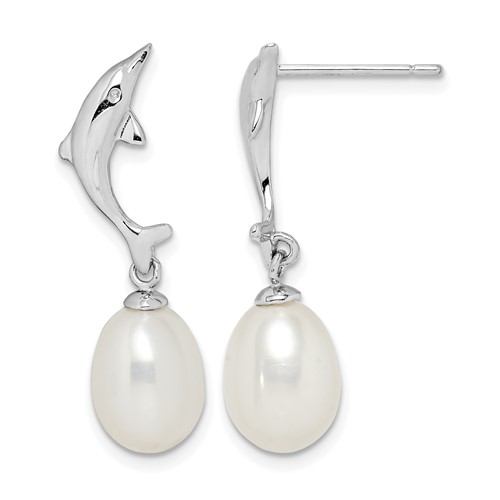 Sterling Silver Rhodium-plated 7-8mm White Rice Freshwater Cultured Pearl Dolphin Post Dangle Earrings