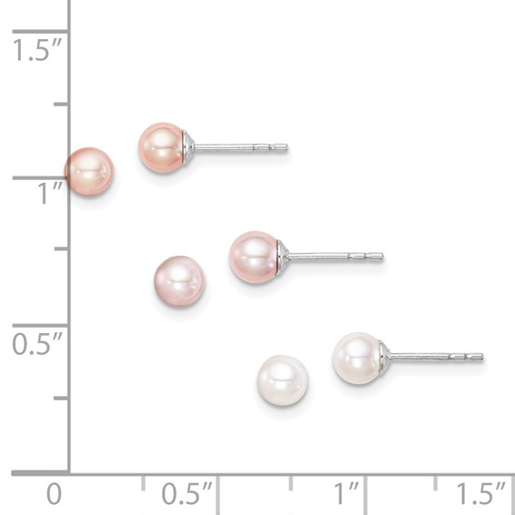 "Sterling Silver Madi K Rhodium-plated 4-5mm White, Pink and Purple Round Freshwater Cultured Pearl Set of 3 Earrings"