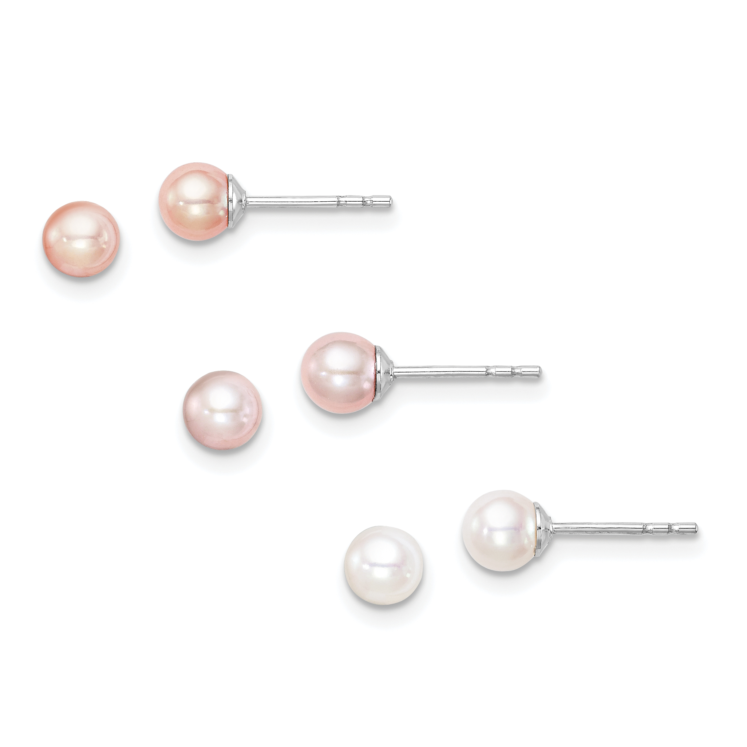Sterling Silver Madi K Rhodium-plated 4-5mm White, Pink and Purple Round Freshwater Cultured Pearl Set of 3 Earrings (QE15338SET)