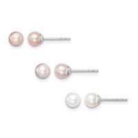 Sterling Silver Madi K Rhodium-plated 4-5mm White, Pink and Purple Round Freshwater Cultured Pearl Set of 3 Earrings view 1