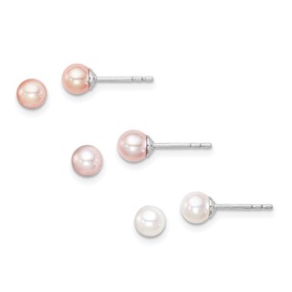 "Sterling Silver Madi K Rhodium-plated 4-5mm White, Pink and Purple Round Freshwater Cultured Pearl Set of 3 Earrings"