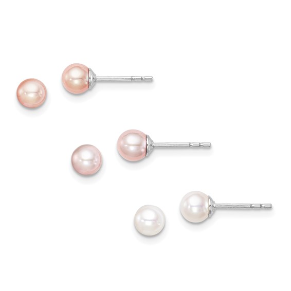 "Sterling Silver Madi K Rhodium-plated 4-5mm White, Pink and Purple Round Freshwater Cultured Pearl Set of 3 Earrings"