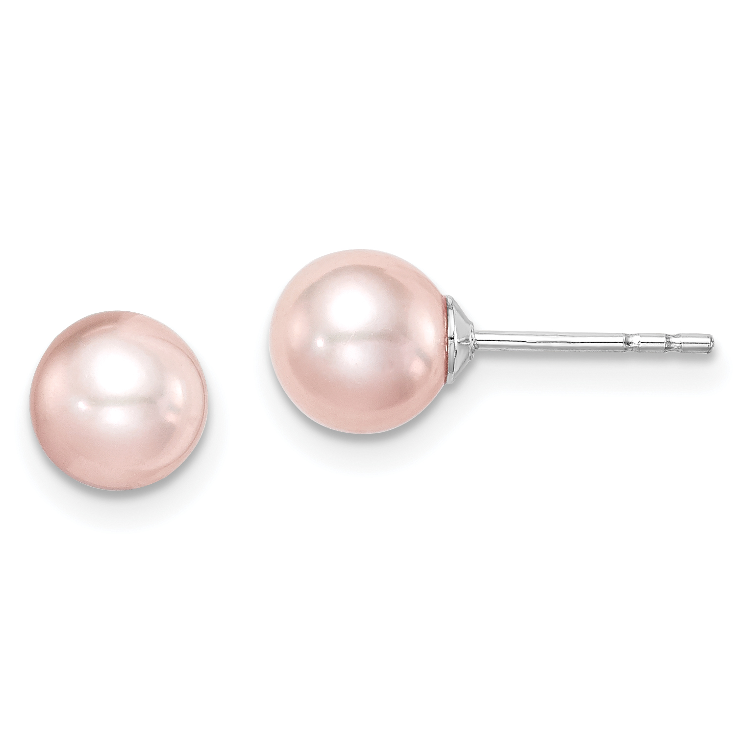 Sterling Silver Madi K Rhodium-plated 6-7mm Pink Round Freshwater Cultured Pearl Post Earrings (QE15341)