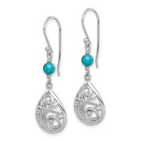 Sterling Silver Rhodium-plated Polished Filigree CZ & Reconstituted Turquoise Teardrop Dangle Earrings view 2