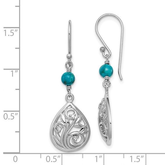 Sterling Silver Rhodium-plated Polished Filigree CZ & Reconstituted Turquoise Teardrop Dangle Earrings