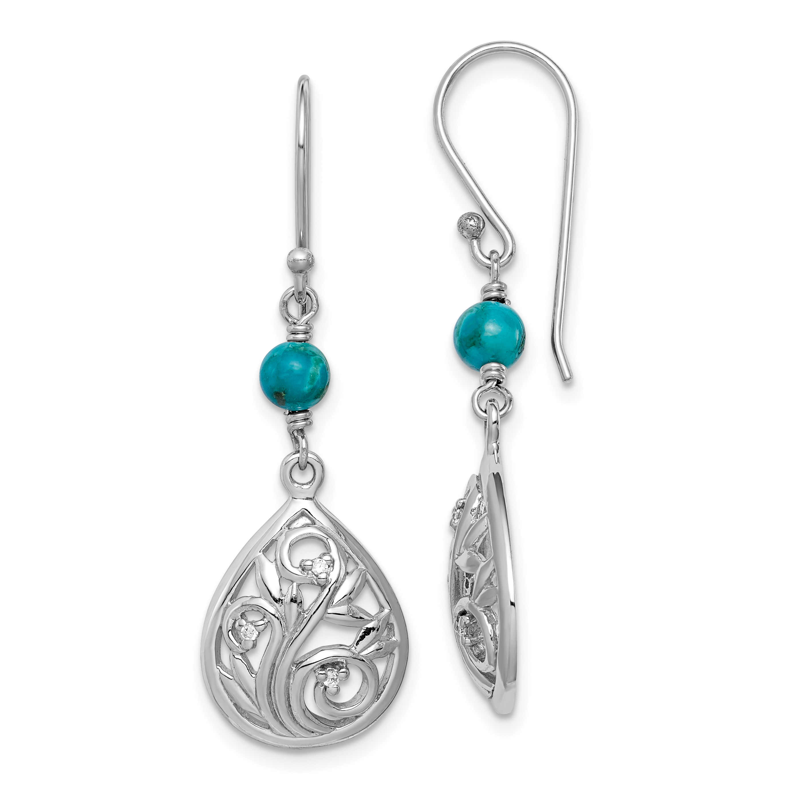 Sterling Silver Rhodium-plated Polished Filigree CZ & Reconstituted Turquoise Teardrop Dangle Earrings (QE15347)
