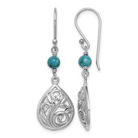 Sterling Silver Rhodium-plated Polished Filigree CZ & Reconstituted Turquoise Teardrop Dangle Earrings view 1