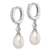 Sterling Silver Rhodium-plated 7-8mm White Freshwater Cultured Pearl and CZ Hoop Dangle Earrings view 2