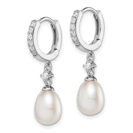 Sterling Silver Rhodium-plated 7-8mm White Freshwater Cultured Pearl and CZ Hoop Dangle Earrings