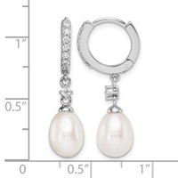 Sterling Silver Rhodium-plated 7-8mm White Freshwater Cultured Pearl and CZ Hoop Dangle Earrings view 4
