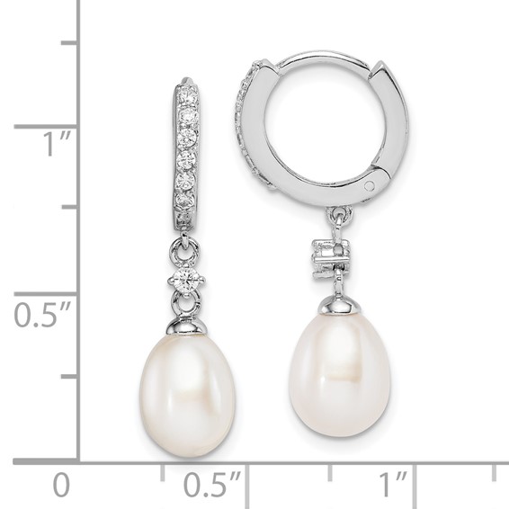 Sterling Silver Rhodium-plated 7-8mm White Freshwater Cultured Pearl and CZ Hoop Dangle Earrings