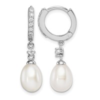 Sterling Silver Rhodium-plated 7-8mm White Freshwater Cultured Pearl and CZ Hoop Dangle Earrings view 1