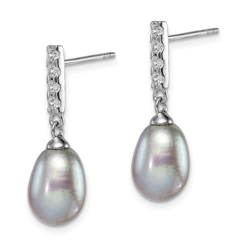 Sterling Silver Rhodium-plated 8-9mm Grey Teardrop Freshwater Cultured Pearl and CZ Post Dangle Earrings (QE15359)